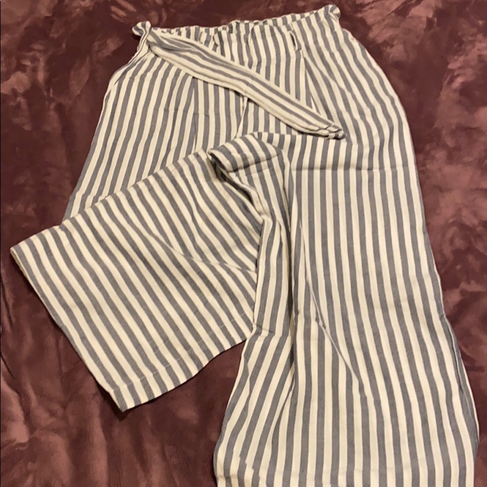 Bell bottoms pants, belted, white and blue lined